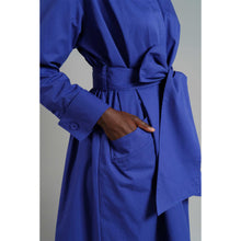 Load image into Gallery viewer, Cotton Belted Maxi Gathered Shirt Dress Vivid Blue 
