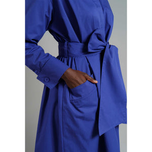 Cotton Belted Gathered Maxi Shirt Dress (Vivid Blue)