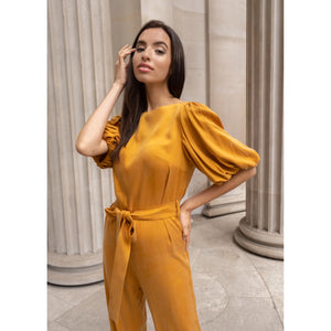Femponiq Belted Puff Sleeve Vegan Jumpsuit Front