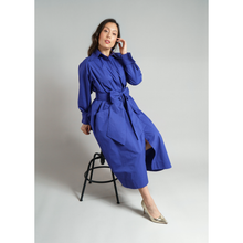 Load image into Gallery viewer, Cotton Belted Maxi Gathered Shirt Dress  in Vivid Blue 
