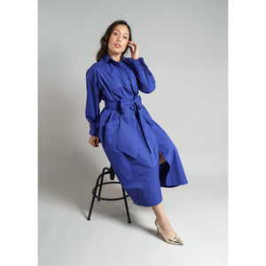 Cotton Belted Maxi Gathered Shirt Dress  in Vivid Blue 
