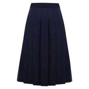 Back view of the Femponiq High-Waisted Pleated Midi Skirt in a chic design, featuring asymmetric slits for a modern, elegant look