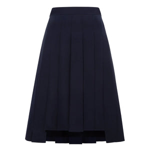 Front view of the Femponiq High-Waisted Pleated Midi Skirt in a chic design, featuring asymmetric slits for a modern, elegant look