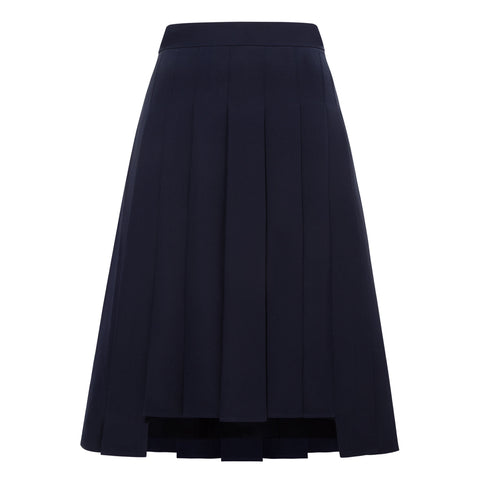 High-Waisted Pleated Midi Skirt with Asymmetric Slits (Navy)