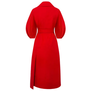 Back view of red wide-lapel belted dress