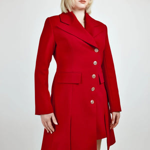 Close-up view of the Femponiq Asymmetric Pleated Blazer Dress in Red, featuring a tailored fit, asymmetric pleated design, and bold, elegant silhouette.