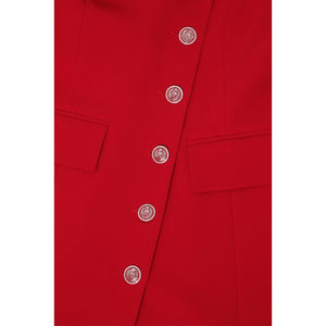 Femponiq Asymmetric Double Breasted Pleated Blazer Dress in Red - Front Product Picture featuring Asymmetric Closure with Button Detail.