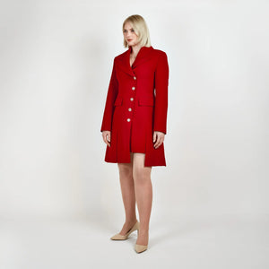 Pleated Blazer Dress in Red, featuring a tailored fit, asymmetric pleated design, and bold, elegant silhouette.
