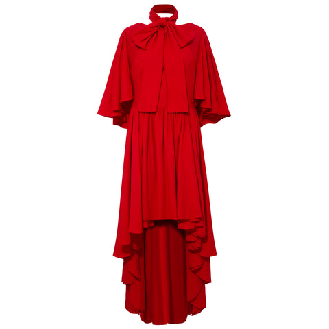 Bow Tie Neck Cape Sleeve Maxi Dress (Deep Red)