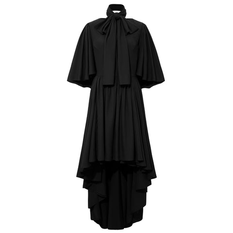 Bow Tie Neck Cape Sleeve Maxi Dress (Black)