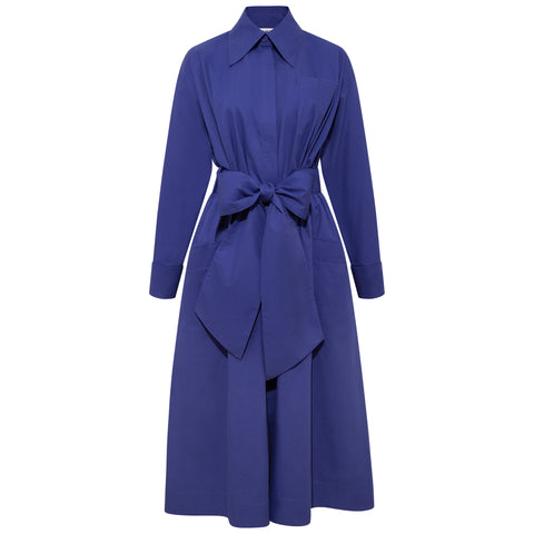 Cotton Belted Gathered Maxi Shirt Dress (Vivid Blue)