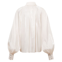 Load image into Gallery viewer, Back view of the Femponiq Gathered Neck Voluminous Raglan Sleeve Shirt in Pearl White, showcasing its elegant design and flowing silhouette.
