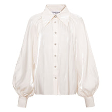 Load image into Gallery viewer, Front view of the Femponiq Gathered Neck Voluminous Raglan Sleeve Shirt in Pearl White, showcasing its elegant design and flowing silhouette.
