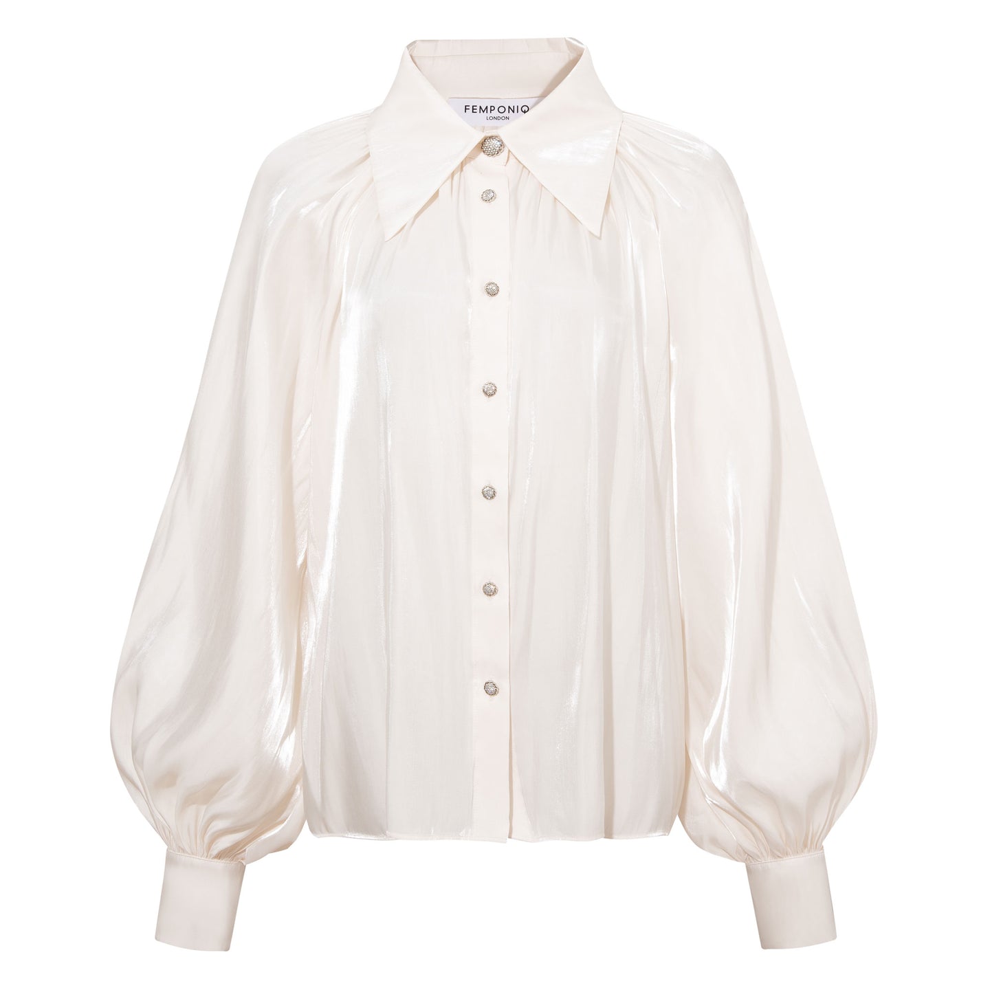 Front view of the Femponiq Gathered Neck Voluminous Raglan Sleeve Shirt in Pearl White, showcasing its elegant design and flowing silhouette.