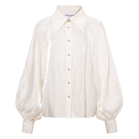 Gathered Neck Voluminous Raglan Sleeve Shirt (Pearl White)