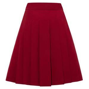 Back view of the High-Waisted Pleated Above-the-Knee Skirt in rich Wine Red, showcasing its elegant pleats and flattering flared fit