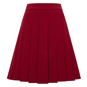 Front view of the High-Waisted Pleated Above-the-Knee Skirt in rich Wine Red, showcasing its elegant pleats and flattering flared fit