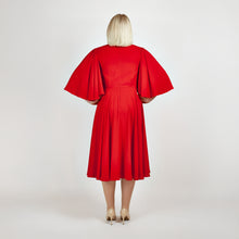 Load image into Gallery viewer, Back view of Femponiq&#39;s  Bow Tie Neck Ruched Midi Dress in scarlet red, featuring a chic bow tie neckline, elegant ruched detailing, and a flattering midi length, perfect for making a bold fashion statement.
