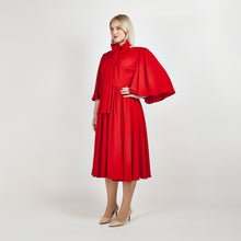 Load image into Gallery viewer, Side view of Femponiq&#39;s  Bow Tie Neck Ruched Midi Dress in scarlet red, featuring a chic bow tie neckline, elegant ruched detailing, and a flattering midi length, perfect for making a bold fashion statement.
