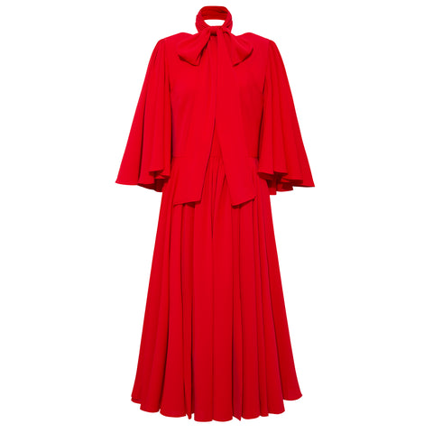 Bow Tie Neck Gathered Midi Dress (Scarlet Red)