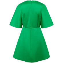 Load image into Gallery viewer, Femponiq Pleated Shoulder Kimono Sleeve Satin Duchess Dress in Green - Back Product Picture
