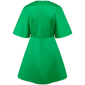 Femponiq Pleated Shoulder Kimono Sleeve Satin Duchess Dress in Green - Back Product Picture