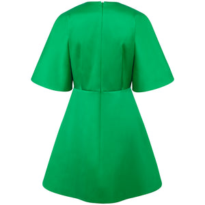 Femponiq Pleated Shoulder Kimono Sleeve Satin Duchess Dress in Green - Back Product Picture