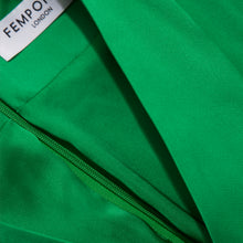Load image into Gallery viewer,    Femponiq Pleated Shoulder Kimono Sleeve Satin Duchess Dress in Green - Close-up Product Detail

