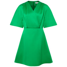 Load image into Gallery viewer, Femponiq Pleated Shoulder Kimono Sleeve Satin Duchess Dress in Green - Front Product Picture
