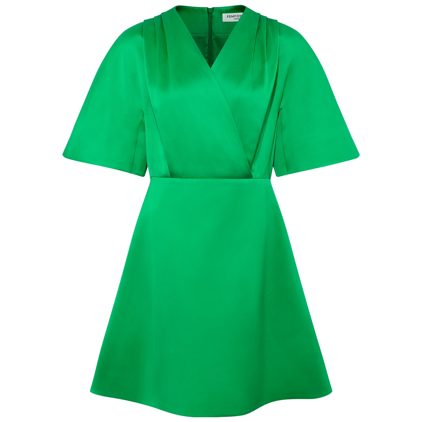 Femponiq Pleated Shoulder Kimono Sleeve Satin Duchess Dress in Green - Front Product Picture