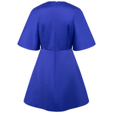 Load image into Gallery viewer, Pleated Shoulder Kimono Sleeve Satin Duchess Dress Royal Blue - Back Product Picture
