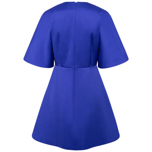 Pleated Shoulder Kimono Sleeve Satin Duchess Dress Royal Blue - Back Product Picture