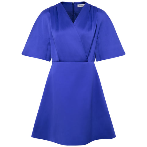 Pleated Shoulder Kimono Sleeve Satin Duchess Dress (Royal Blue)