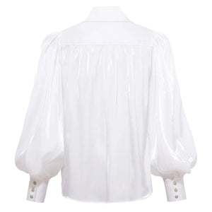 Back view of the Femponiq Puff  Sleeve V Neck Gathered Shirt in White, showcasing its elegant design and voluminous silhouette.