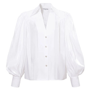 Front view of the Femponiq Puff  Sleeve V Neck Gathered Shirt in White, showcasing its elegant design and voluminous silhouette.
