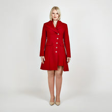 Load image into Gallery viewer, Front view of the Femponiq Asymmetric Pleated Blazer Dress in Red, featuring a tailored fit, asymmetric pleated design, and bold, elegant silhouette.

