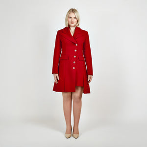 Front view of the Femponiq Asymmetric Pleated Blazer Dress in Red, featuring a tailored fit, asymmetric pleated design, and bold, elegant silhouette.
