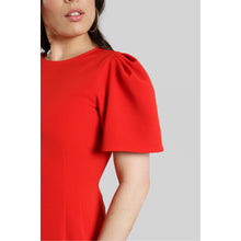 Load image into Gallery viewer, Pleated Shoulder Peplum Hem Cady Dress Watermelon Red
