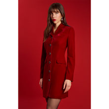 Load image into Gallery viewer, Femponiq Tailored Red Velvet Blazer Dress with crystal-style buttons and peak lapels, shown in a front angled view against a red background.
