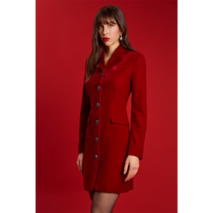 Femponiq Tailored Red Velvet Blazer Dress with crystal-style buttons and peak lapels, shown in a front angled view against a red background.