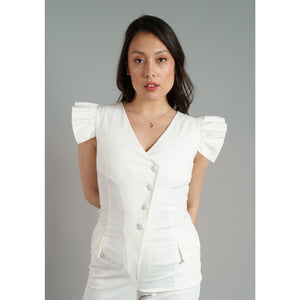 Femponiq Ruffled Sleeve Ivory Cotton Jumpsuit