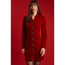 Load image into Gallery viewer, Femponiq Tailored Red Velvet Blazer Dress with jewel buttons and peak lapels on model.
