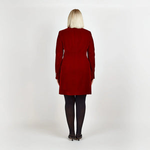 Model wearing Femponiq Velvet Tailored Blazer Dress in Red, showcasing a back view with a fitted silhouette and elegant design.
