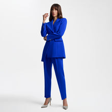Load image into Gallery viewer, Model wearing the Femponiq Asymmetric Pleated Blazer in Blue, featuring a tailored fit, asymmetric design, and a bold, elegant silhouette.
