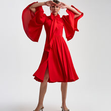 Load image into Gallery viewer, Gathered Midi Red Bow Tie Neck Maxi Dress
