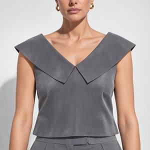 Off Shoulder Collared Tailored Crop Top - Charcoal Grey