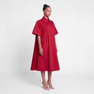 Oversized Cotton Cape Dress - Dark Red