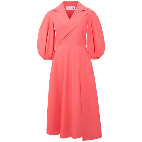 Wide Lapel Asymmetric Cotton Dress - Coral
