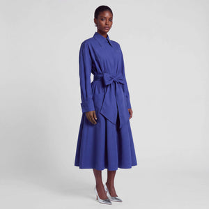 A model wearing a royal blue long-sleeve midi shirt dress with a matching tie belt, styled with silver pointed-toe heels against a light grey studio background. Side Look
