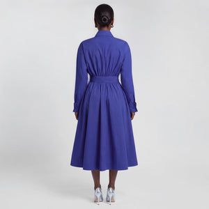 A woman viewed from the back wearing a royal blue long-sleeve midi dress with a defined waist and flared skirt, paired with metallic silver heels, against a light gray studio background.